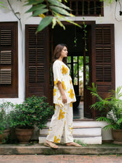 White & Yellow Floral Cotton Kaftan Co-Ord Set with Adjustable Drawstring