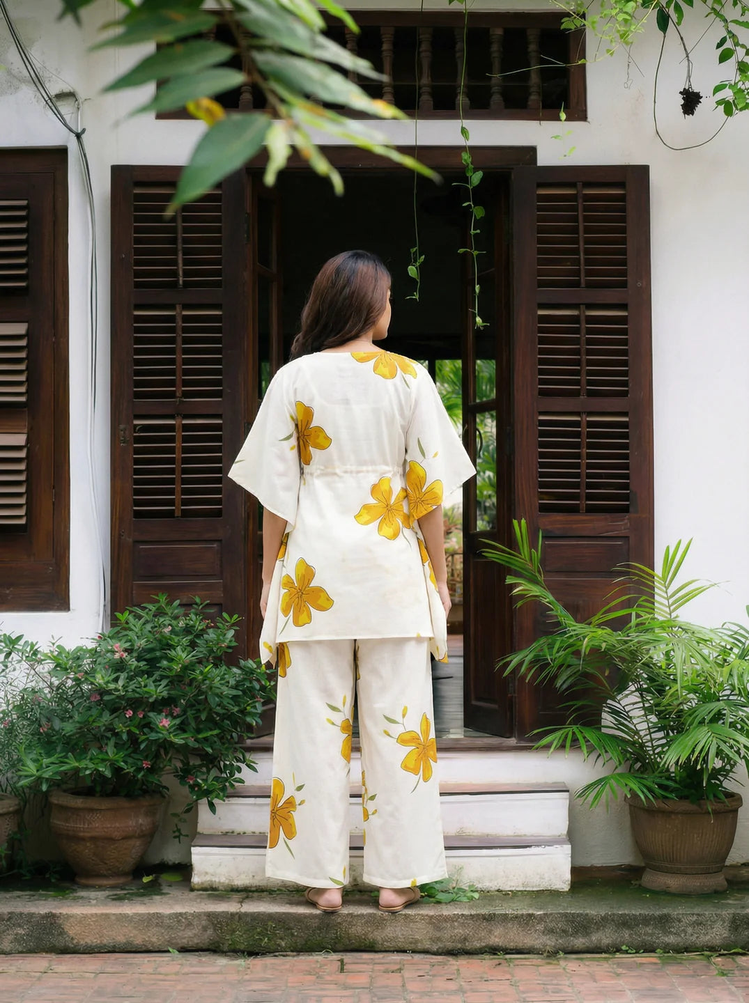 White & Yellow Floral Cotton Kaftan Co-Ord Set with Adjustable Drawstring