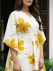 White & Yellow Floral Cotton Kaftan Co-Ord Set with Adjustable Drawstring