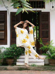 White & Yellow Floral Cotton Kaftan Co-Ord Set with Adjustable Drawstring