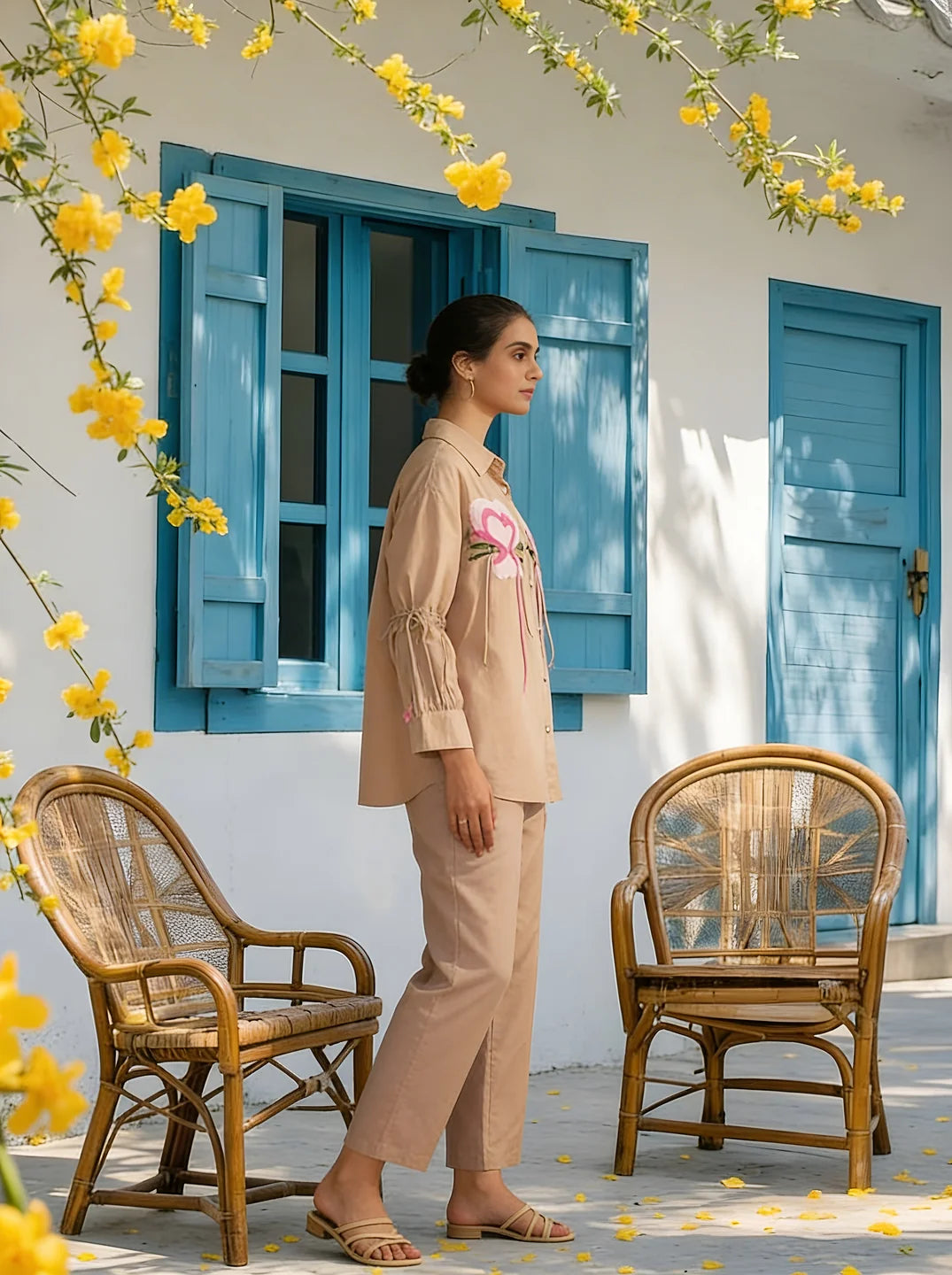 Beige Multi-Thread Dols Silk Embroidered Patch Co-Ord Set