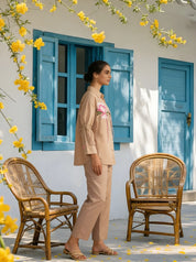 Beige Multi-Thread Dols Silk Embroidered Patch Co-Ord Set