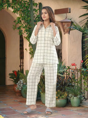 White & Black Checkered Cotton Co-ord Set with Invisible Placket Shirt