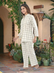 White & Black Checkered Cotton Co-ord Set with Invisible Placket Shirt