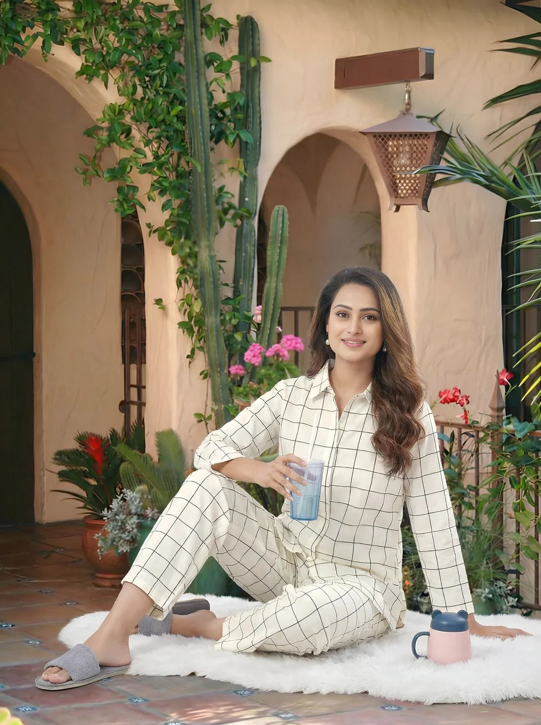 White & Black Checkered Cotton Co-ord Set with Invisible Placket Shirt