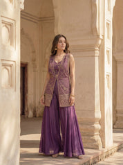 Purple Floral Embroidered Three Piece Jacket Set