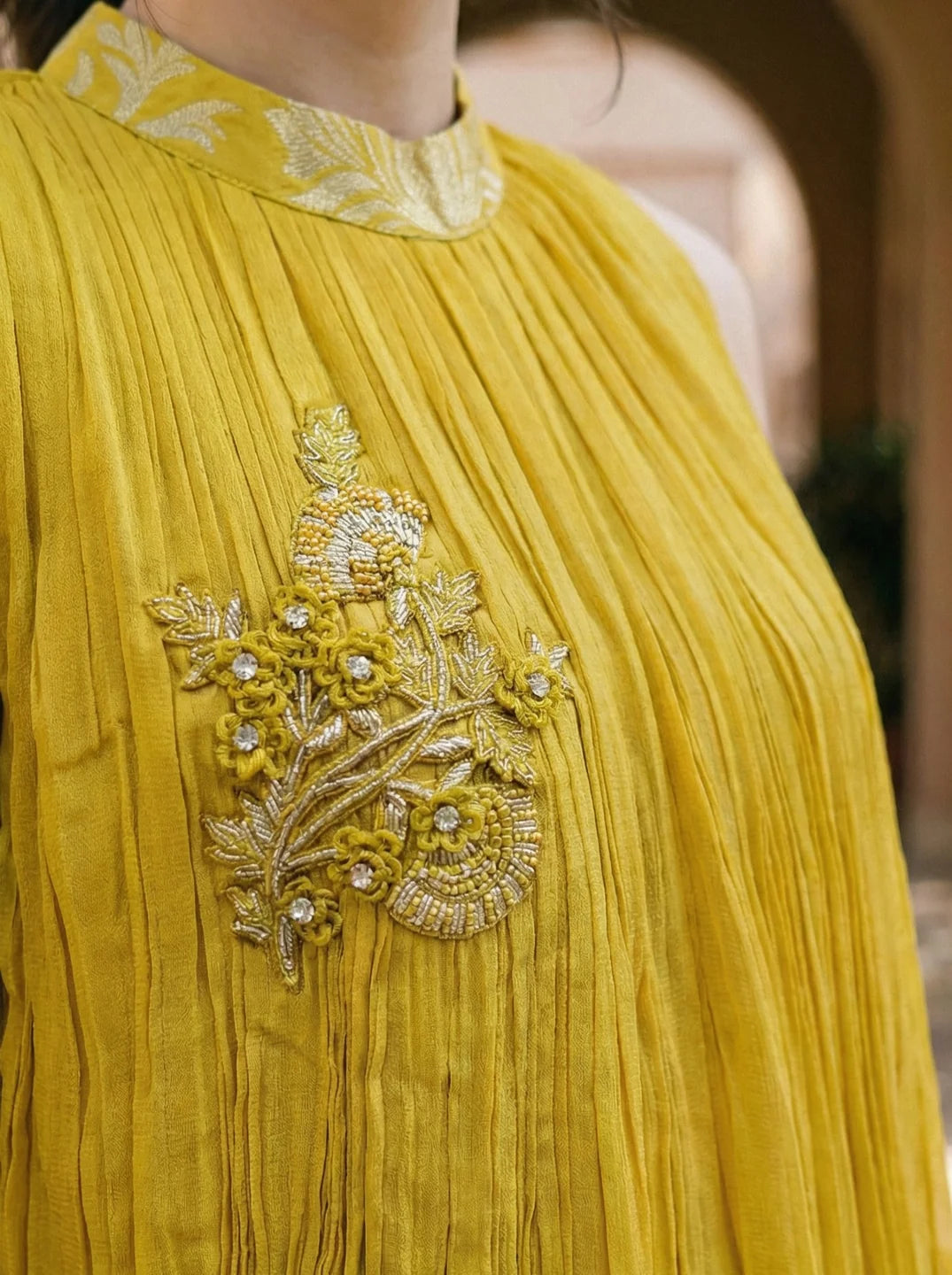 Mustard Yellow Brocade Co-ord Set with Embroidery and Sequin Lace Detailing