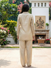 Beige Teal Piping and Floral Embroidered Zazu Silk Co-ord Set