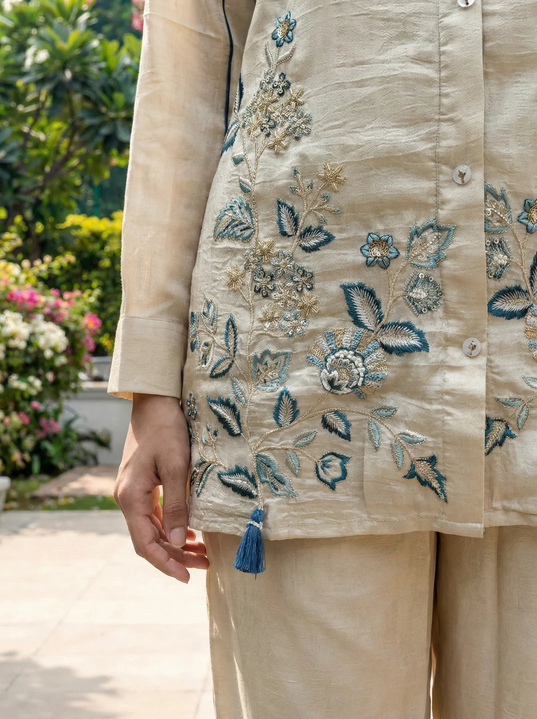 Beige Teal Piping and Floral Embroidered Zazu Silk Co-ord Set