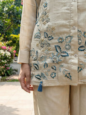 Beige Teal Piping and Floral Embroidered Zazu Silk Co-ord Set