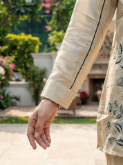 Beige Teal Piping and Floral Embroidered Zazu Silk Co-ord Set