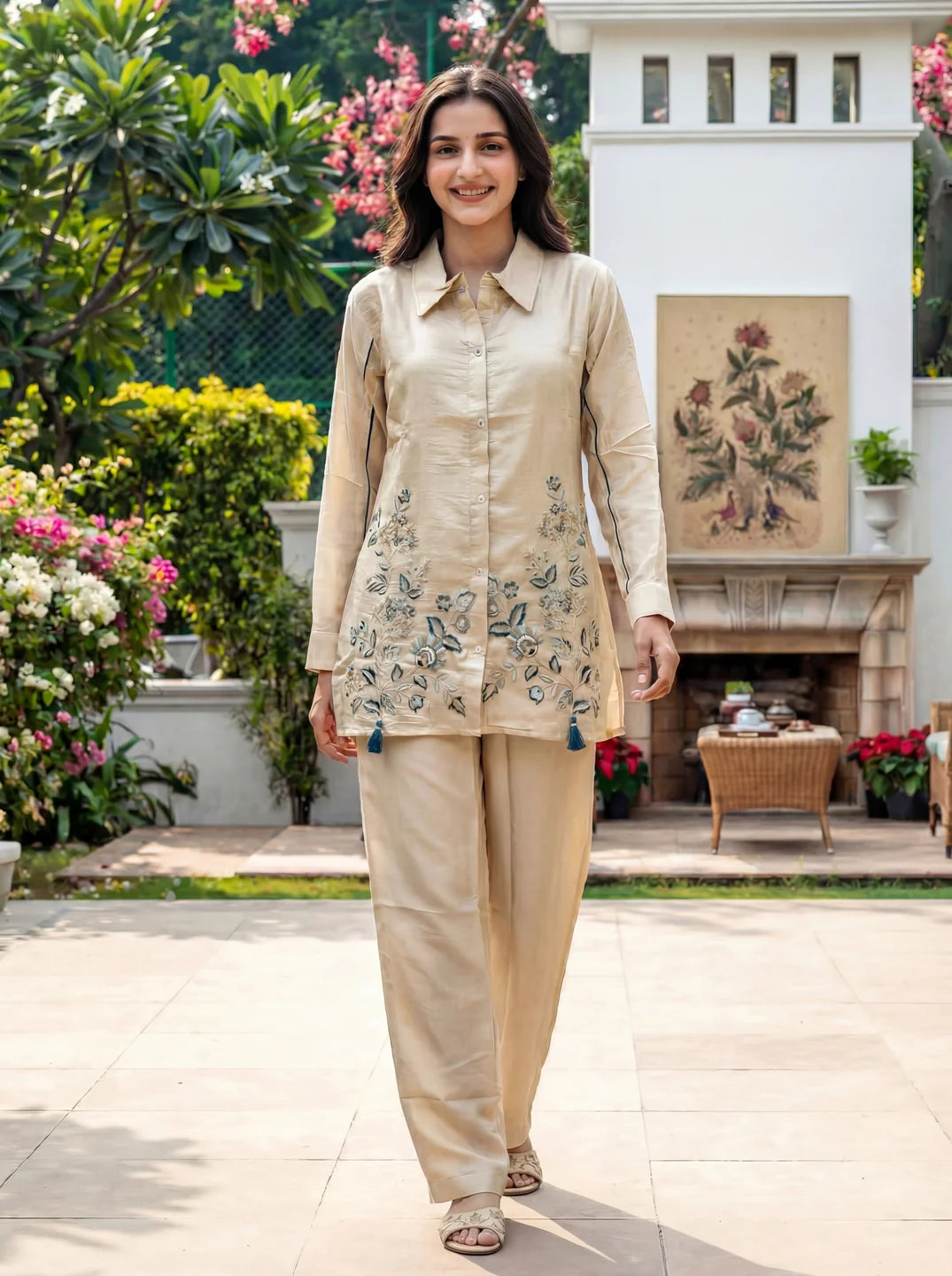 Beige Teal Piping and Floral Embroidered Zazu Silk Co-ord Set