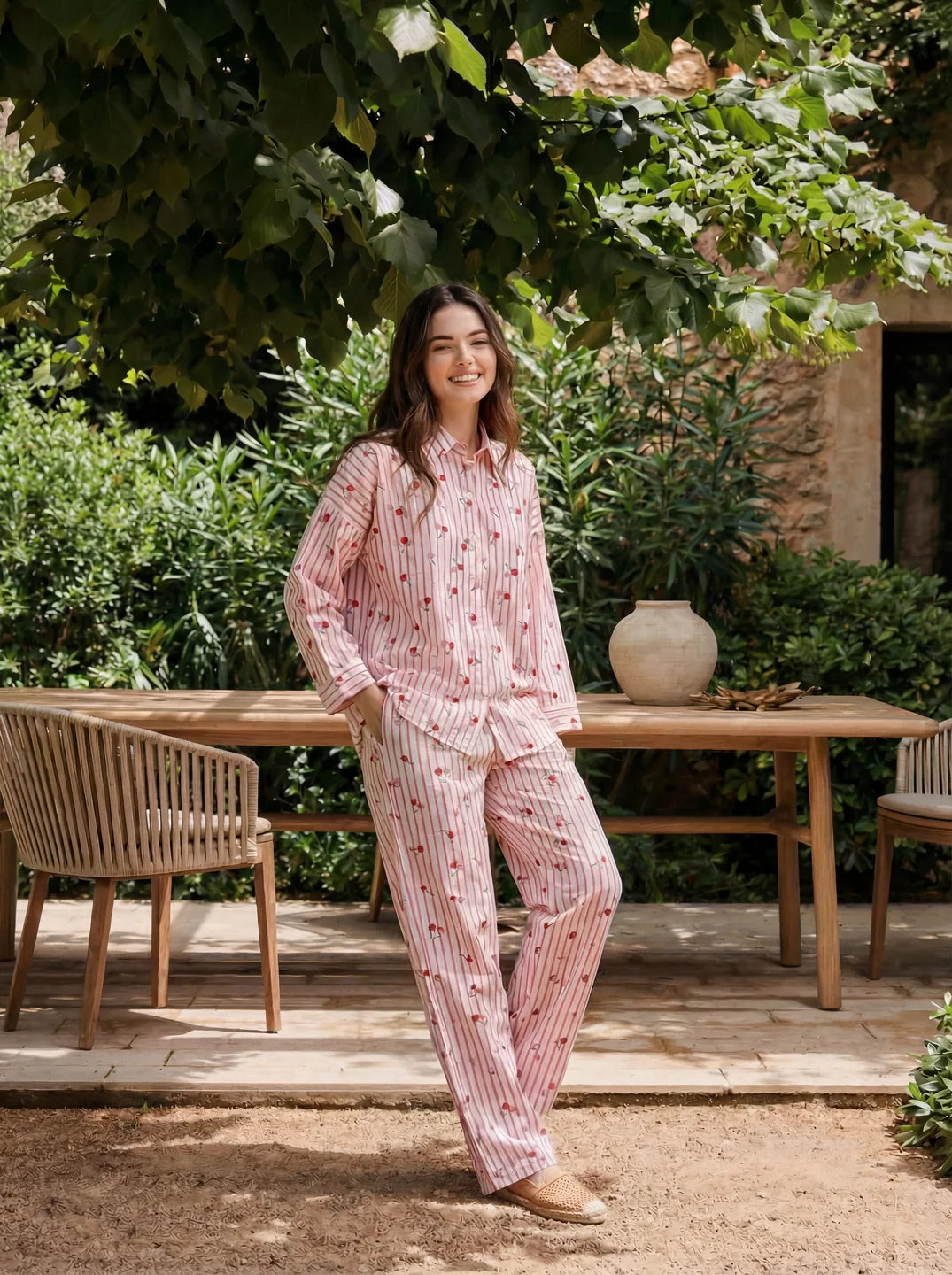 White & Pink Cherry Print Striped Cotton Co-ord Set