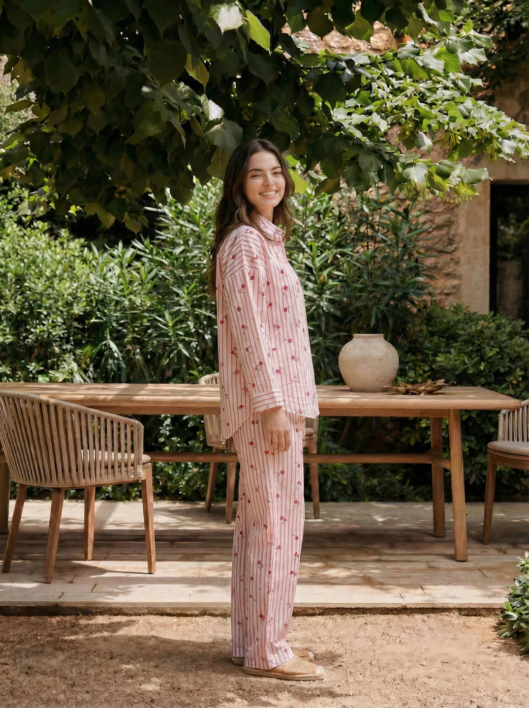 White & Pink Cherry Print Striped Cotton Co-ord Set