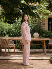 White & Pink Cherry Print Striped Cotton Co-ord Set