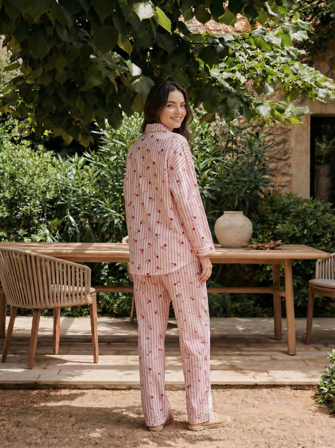 White & Pink Cherry Print Striped Cotton Co-ord Set