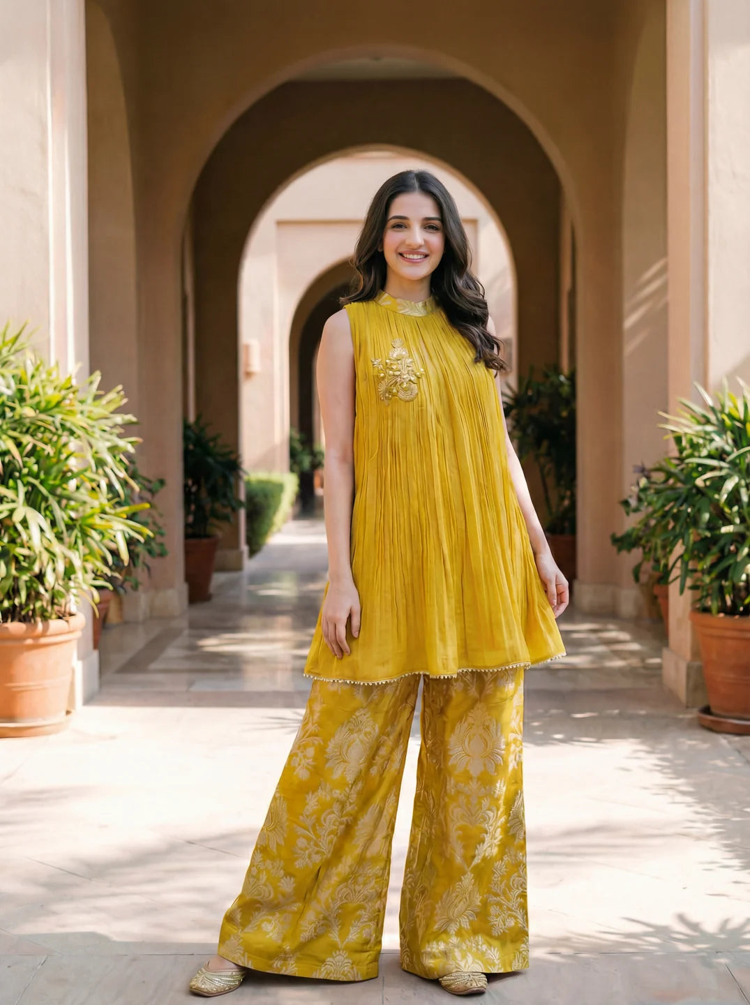 Mustard Yellow Brocade Co-ord Set with Embroidery and Sequin Lace Detailing