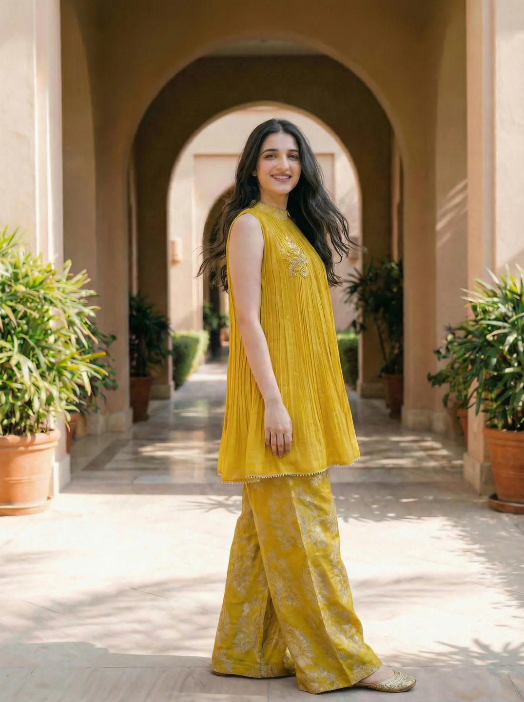 Mustard Yellow Brocade Co-ord Set with Embroidery and Sequin Lace Detailing