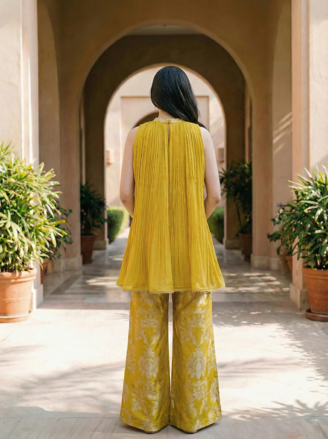 Mustard Yellow Brocade Co-ord Set with Embroidery and Sequin Lace Detailing