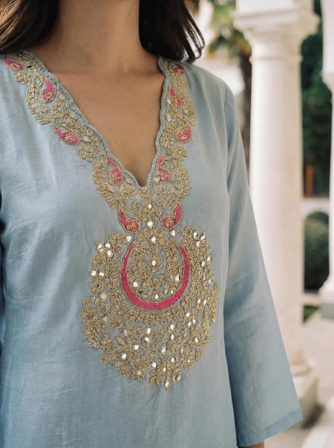 Pastel Blue Embroidered Dola Silk Farsi Salwar Set