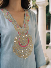 Pastel Blue Embroidered Dola Silk Farsi Salwar Set