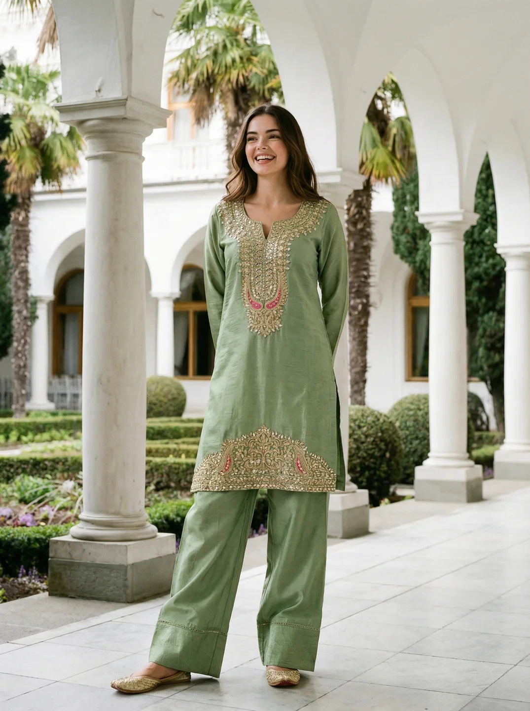 Pastel Green Embroidered Dola Silk Farsi Salwar Set
