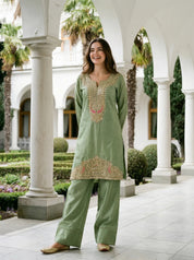 Pastel Green Embroidered Dola Silk Farsi Salwar Set