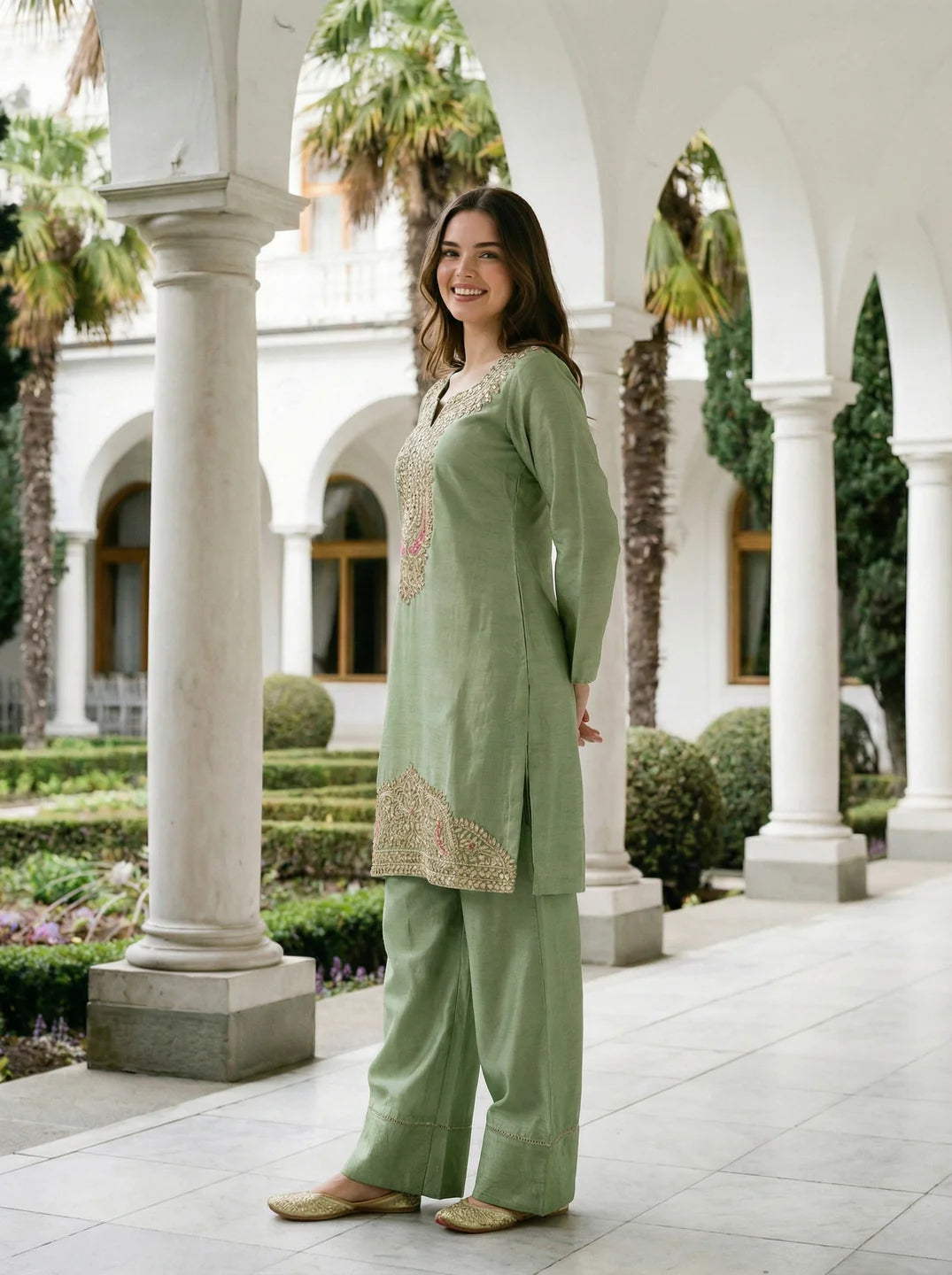 Pastel Green Embroidered Dola Silk Farsi Salwar Set