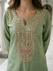 Pastel Green Embroidered Dola Silk Farsi Salwar Set