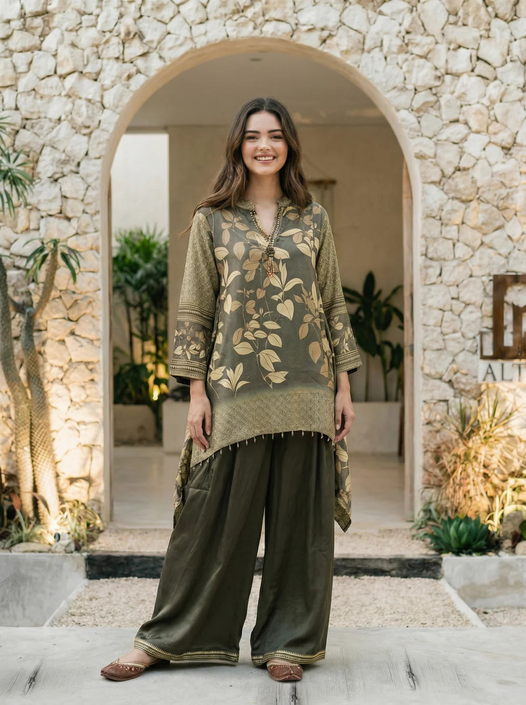 Moss Green Leaf Print Mandarin Collar High-Low Viscose Silk Co-ord Set