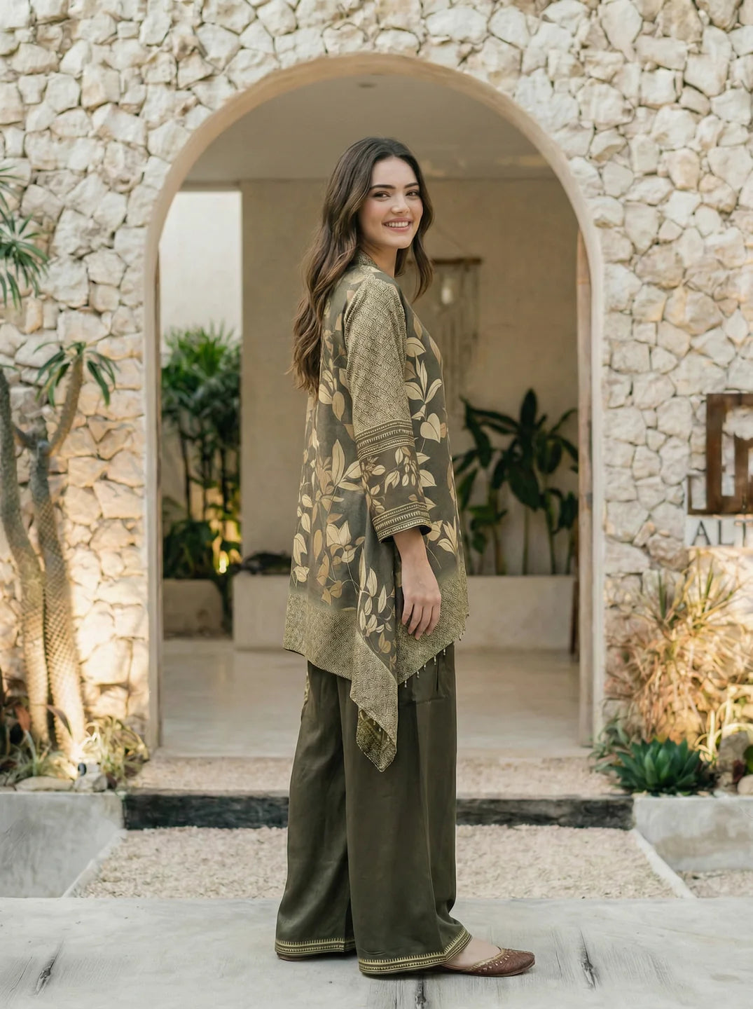 Moss Green Leaf Print Mandarin Collar High-Low Viscose Silk Co-ord Set