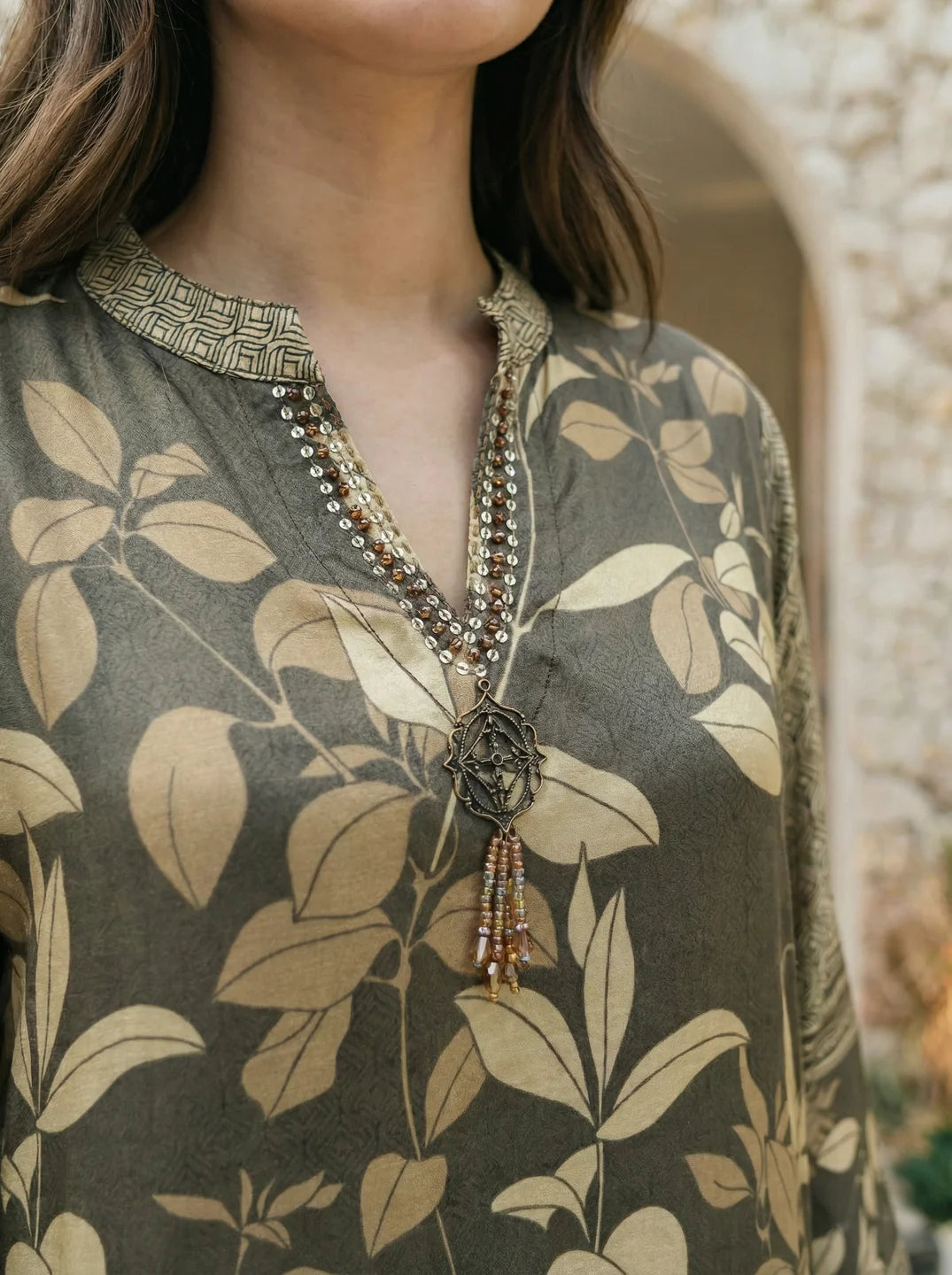 Moss Green Leaf Print Mandarin Collar High-Low Viscose Silk Co-ord Set