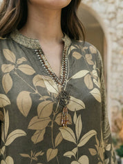 Moss Green Leaf Print Mandarin Collar High-Low Viscose Silk Co-ord Set