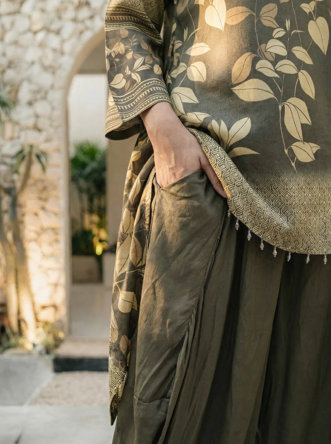 Moss Green Leaf Print Mandarin Collar High-Low Viscose Silk Co-ord Set