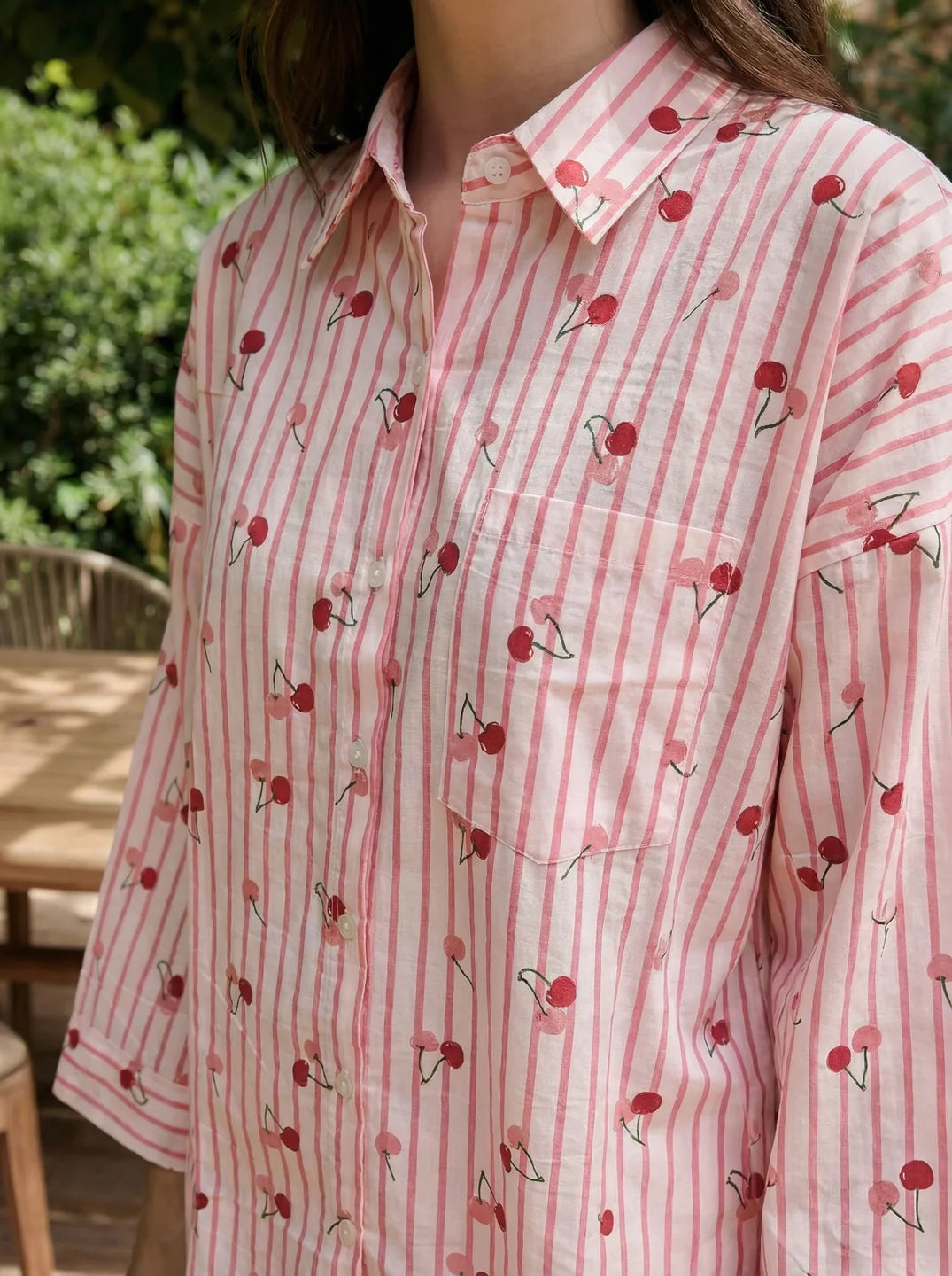 White & Pink Cherry Print Striped Cotton Co-ord Set