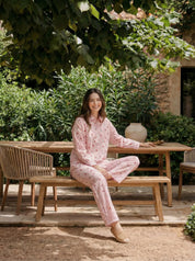 White & Pink Cherry Print Striped Cotton Co-ord Set