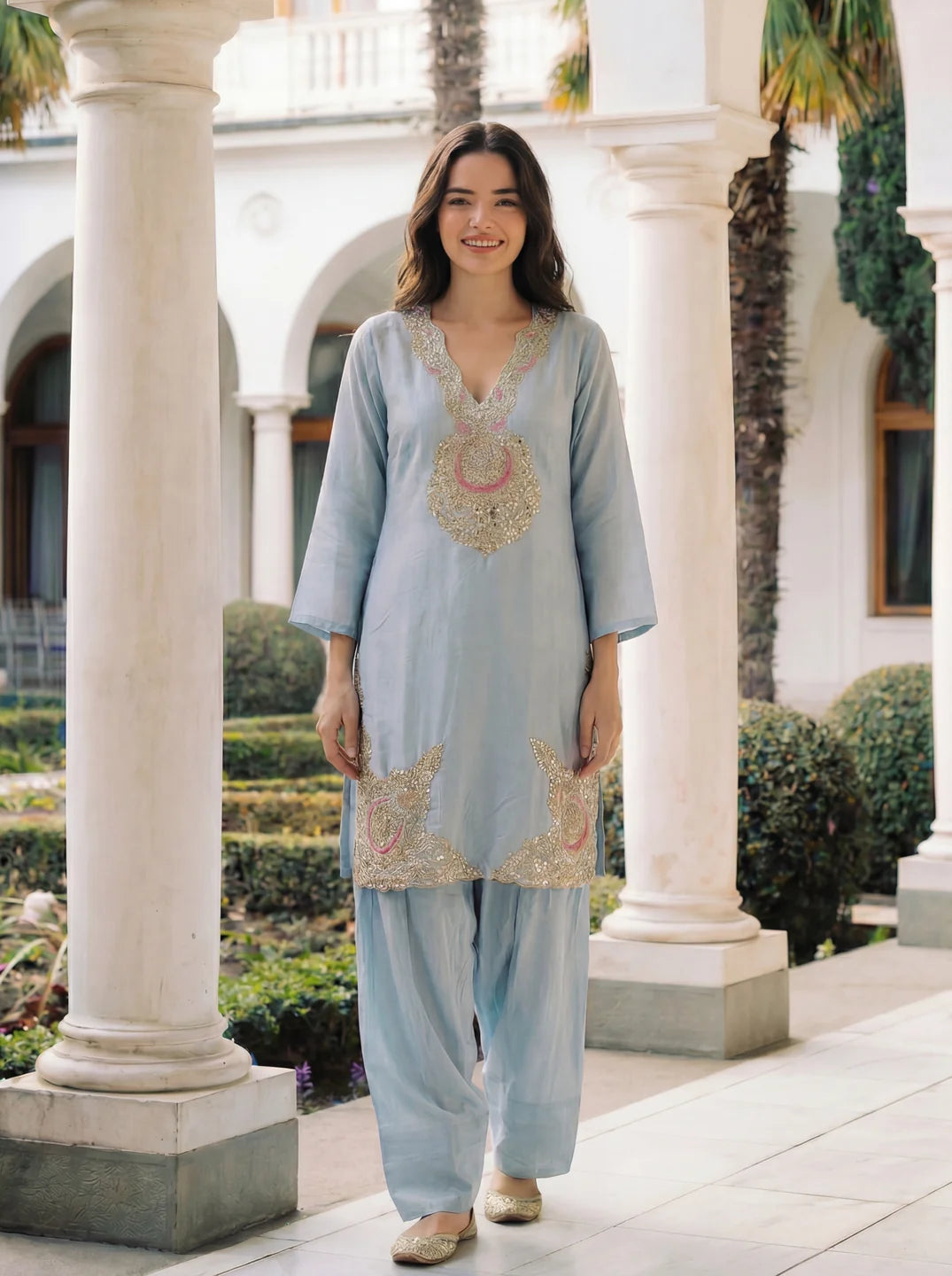 Pastel Blue Embroidered Dola Silk Farsi Salwar Set