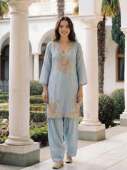 Pastel Blue Embroidered Dola Silk Farsi Salwar Set