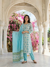 White Blue Floral Print Cotton Kurta Set with Zig Zag Pants and Dupatta