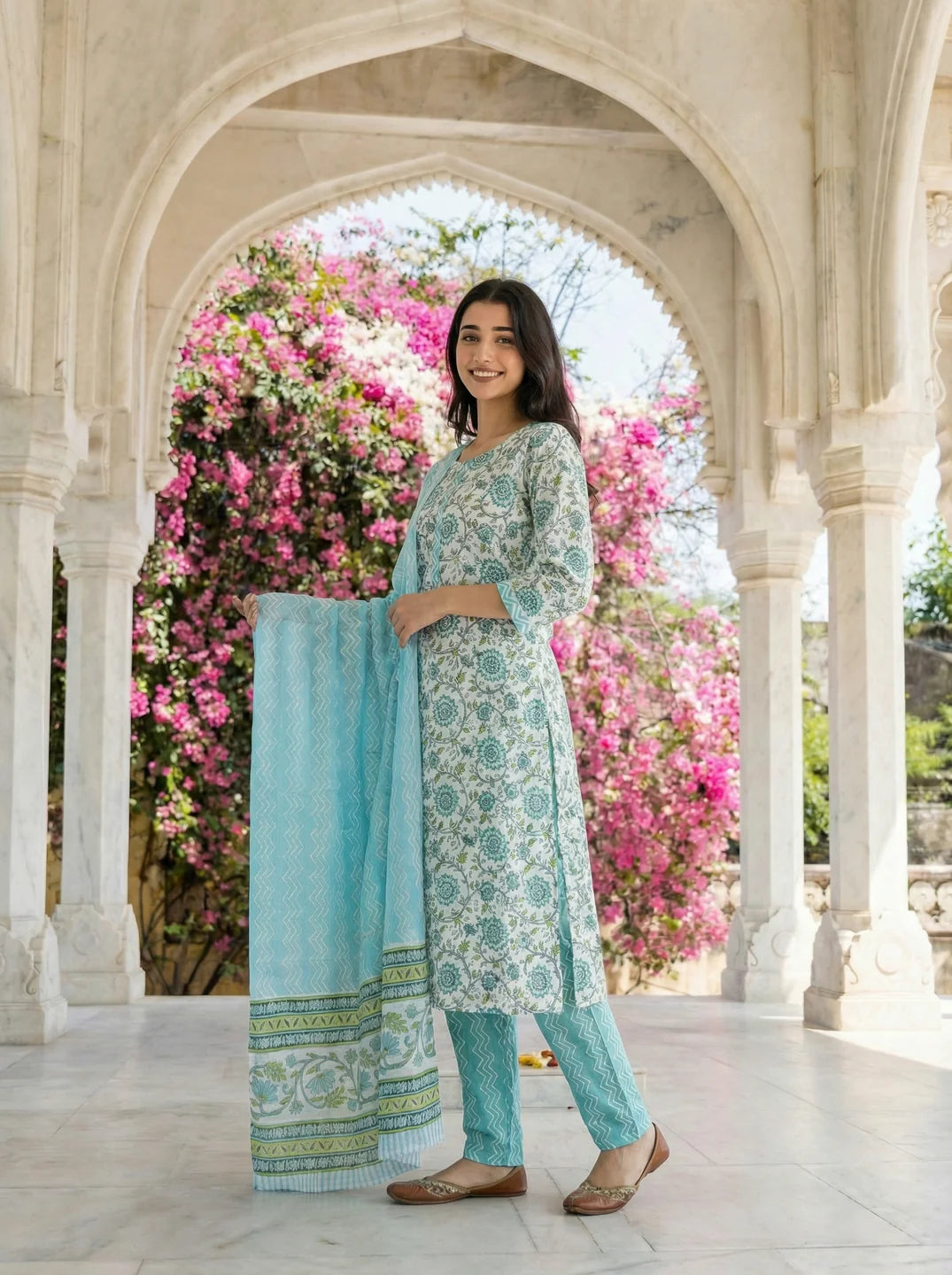 White Blue Floral Print Cotton Kurta Set with Zig Zag Pants and Dupatta