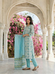 White Blue Floral Print Cotton Kurta Set with Zig Zag Pants and Dupatta