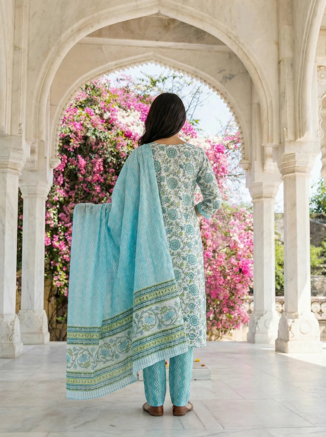 White Blue Floral Print Cotton Kurta Set with Zig Zag Pants and Dupatta