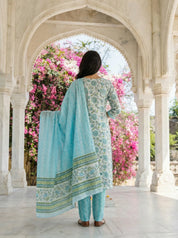 White Blue Floral Print Cotton Kurta Set with Zig Zag Pants and Dupatta