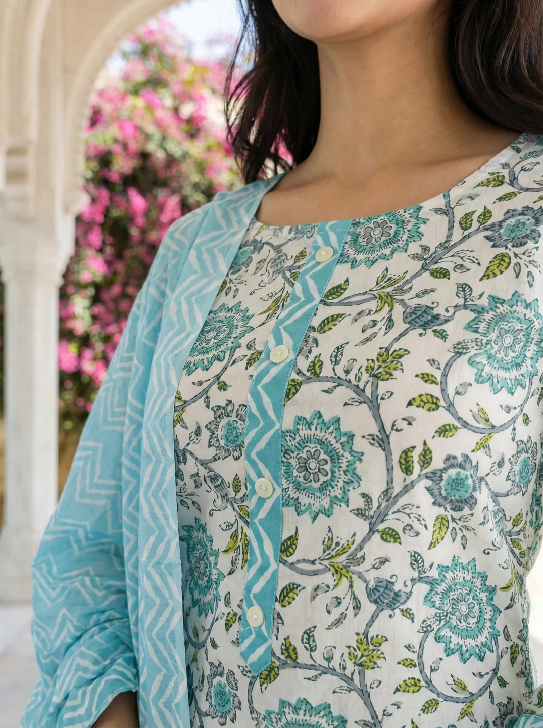 White Blue Floral Print Cotton Kurta Set with Zig Zag Pants and Dupatta