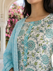 White Blue Floral Print Cotton Kurta Set with Zig Zag Pants and Dupatta