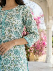 White Blue Floral Print Cotton Kurta Set with Zig Zag Pants and Dupatta