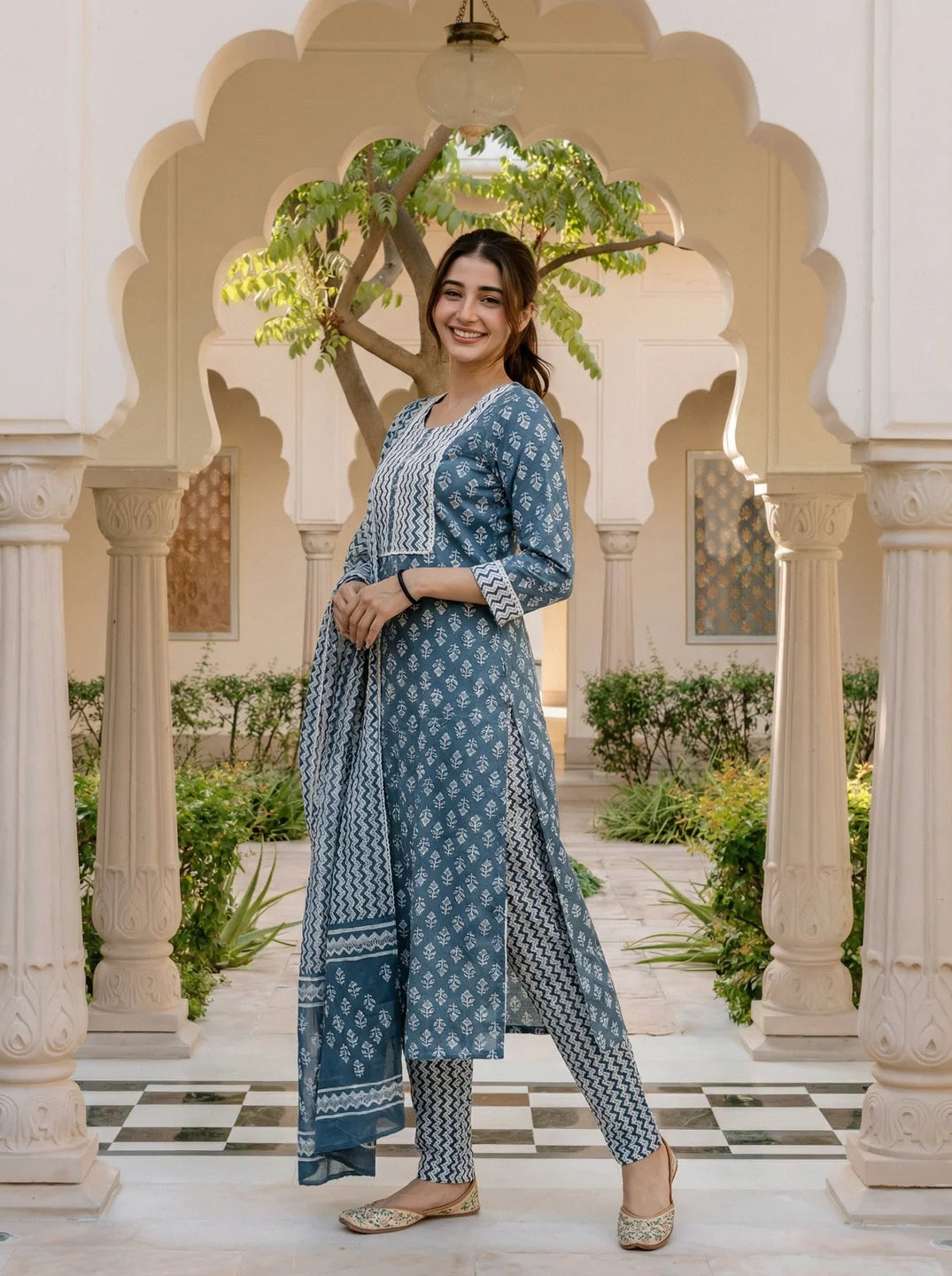 Blue Grey Buta Print Cotton Kurta Set with Dupatta