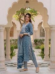 Blue Grey Buta Print Cotton Kurta Set with Dupatta