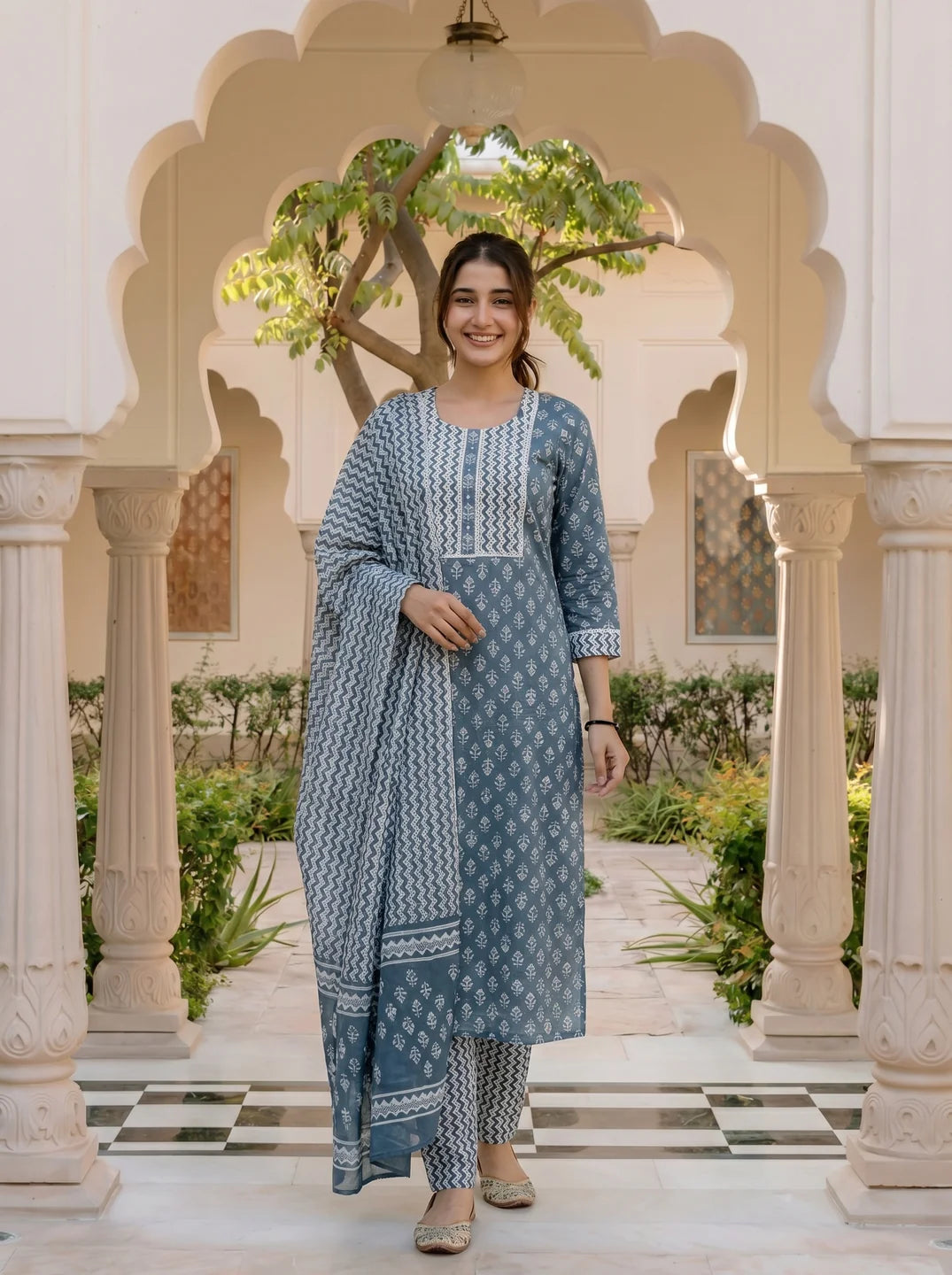 Blue Grey Buta Print Cotton Kurta Set with Dupatta
