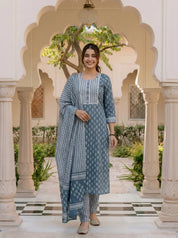 Blue Grey Buta Print Cotton Kurta Set with Dupatta